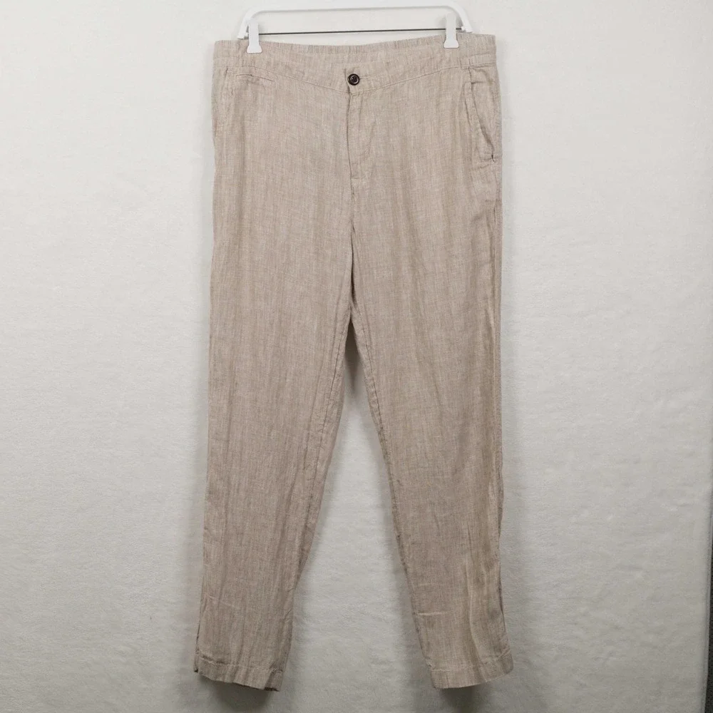 PANAMA JACK 100% Linen Elastic Waist Casual Trousers Beach Pants Beige Sz L